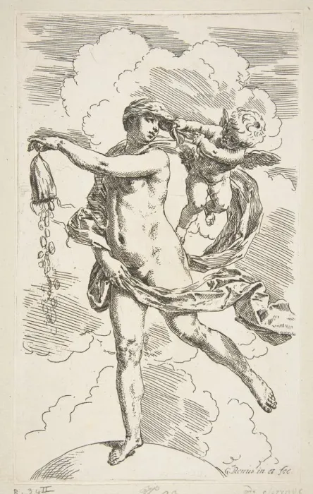 Framed Print : Fortune standing on a globe emptying a purse of coins, ca. 1635-1636 Framed Print : Fortune standing on a globe emptying a purse of coins, ca. 1635-1636
