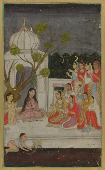 Framed Print : Fortune-telling; a group of women on a terrace at night, 18th century. Creator: Unknown Framed Print : Fortune-telling; a group of women on a terrace at night, 18th century. Creator: Unknown