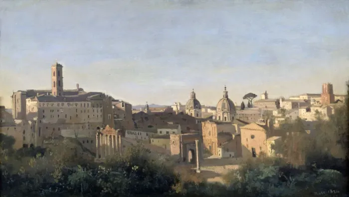 Framed Print : The Forum Seen from the Farnese Gardens, Rome, 1826. Artist: Jean-Baptiste-Camille Corot Framed Print : The Forum Seen from the Farnese Gardens, Rome, 1826. Artist: Jean-Baptiste-Camille Corot