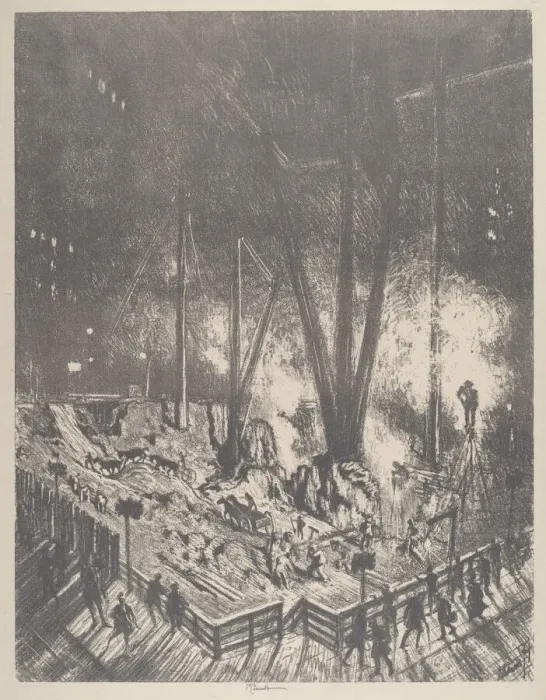 Framed Print : The Foundations, Building a Skyscraper, 1910. Creator: Joseph Pennell Framed Print : The Foundations, Building a Skyscraper, 1910. Creator: Joseph Pennell