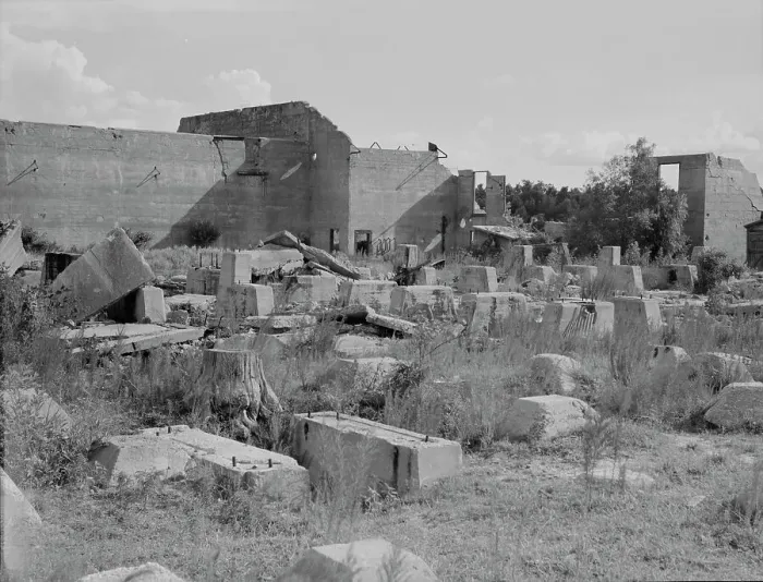 Framed Print : Foundations of lumber sheds in Fullerton, Louisiana, an abandoned lumber town, 1937. Creator: Dorothea Lange Framed Print : Foundations of lumber sheds in Fullerton, Louisiana, an abandoned lumber town, 1937. Creator: Dorothea Lange
