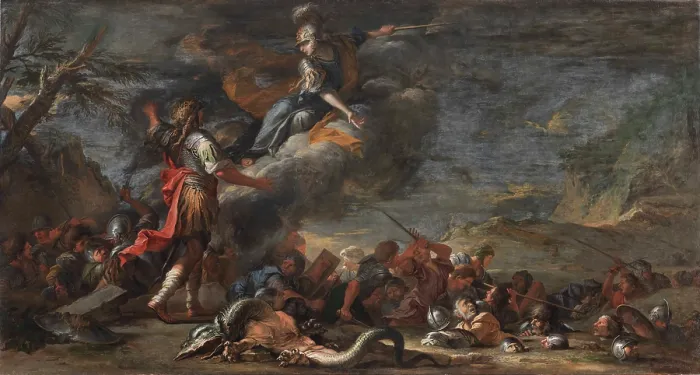 Framed Print : The Founding of Thebes (Cadmus founded Thebes), 1661. Creator: Rosa, Salvatore (1615-1673) Framed Print : The Founding of Thebes (Cadmus founded Thebes), 1661. Creator: Rosa, Salvatore (1615-1673)