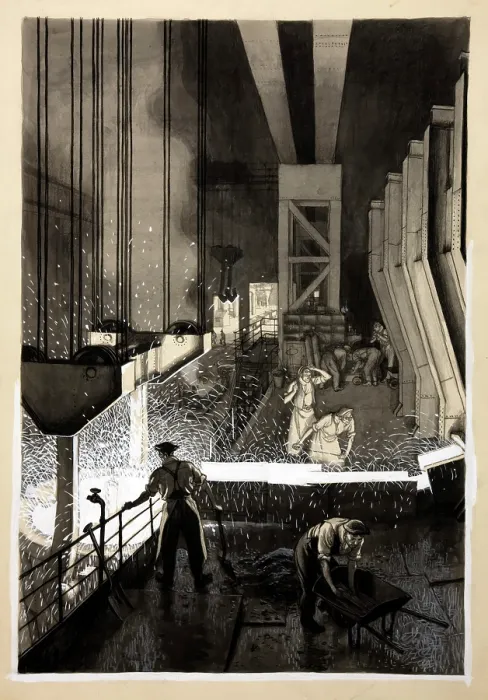 Framed Print : Foundry scene (men supervising pouring of molten metal), between 1939 and 1946. Creators: Unknown, Central Office of Information Framed Print : Foundry scene (men supervising pouring of molten metal), between 1939 and 1946. Creators: Unknown, Central Office of Information