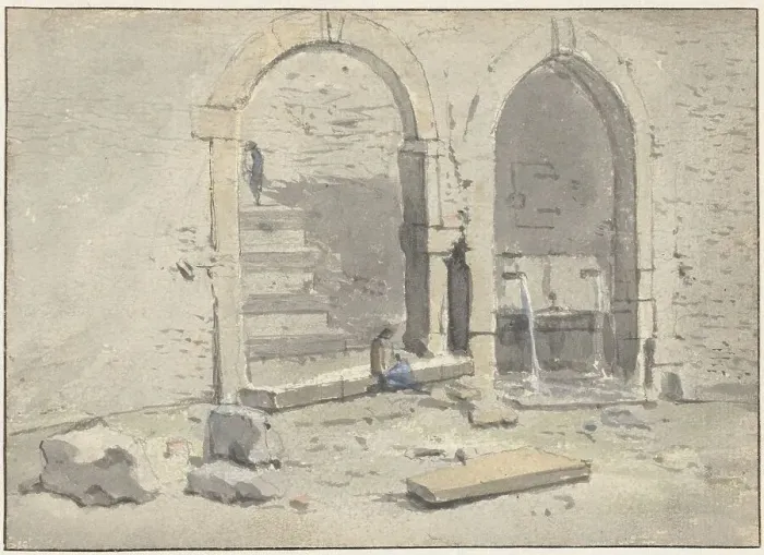 Framed Print : Fountain against a city wall, in which a staircase has been built, 1700-1748. Creator: Theodorus Wilkens Framed Print : Fountain against a city wall, in which a staircase has been built, 1700-1748. Creator: Theodorus Wilkens