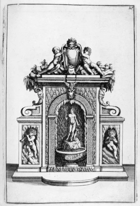 Framed Print : Fountain design, 1664. Artist: Georg Andreas Bockler Framed Print : Fountain design, 1664. Artist: Georg Andreas Bockler
