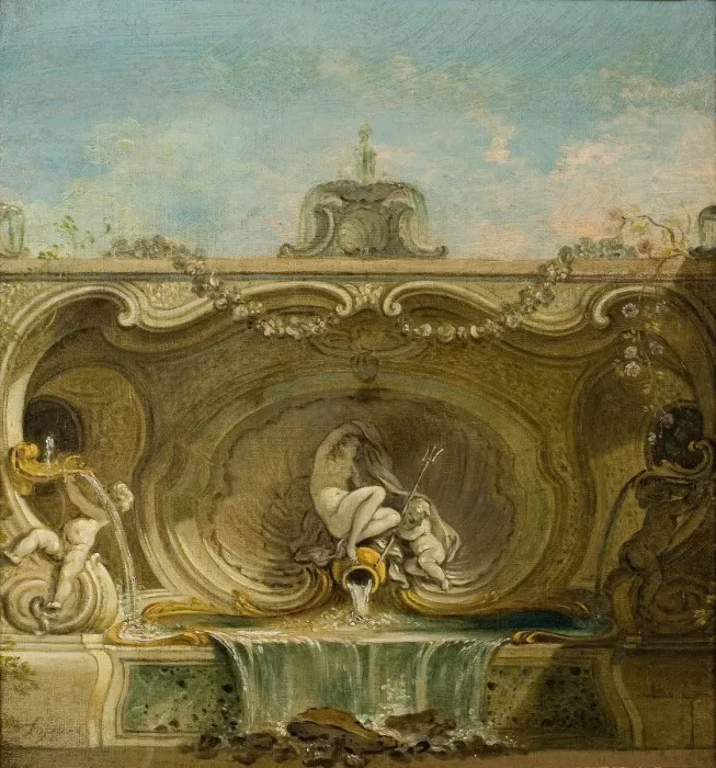 Framed Print : Fountain Design. Naiad and Putto, c. 1740. Creator: Lajoue, Jacques, de (1686-1761) Framed Print : Fountain Design. Naiad and Putto, c. 1740. Creator: Lajoue, Jacques, de (1686-1761)