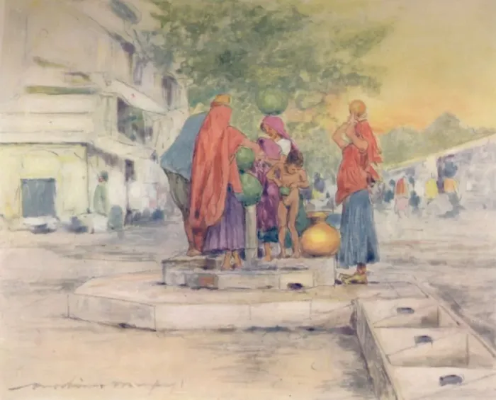 Framed Print : By the Fountain, Jeypore, 1905. Artist: Mortimer Luddington Menpes Framed Print : By the Fountain, Jeypore, 1905. Artist: Mortimer Luddington Menpes