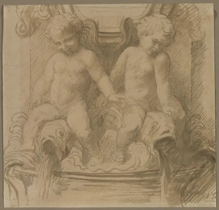 Framed Print : Fountain with Putti Riding Dolphins, last half 1800s. Creator: Alphonse Legros (French, 1837-1911)
