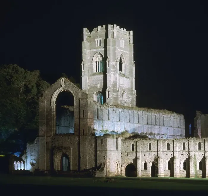 Framed Print : Fountains Abbey, illuminated, 12th century Framed Print : Fountains Abbey, illuminated, 12th century