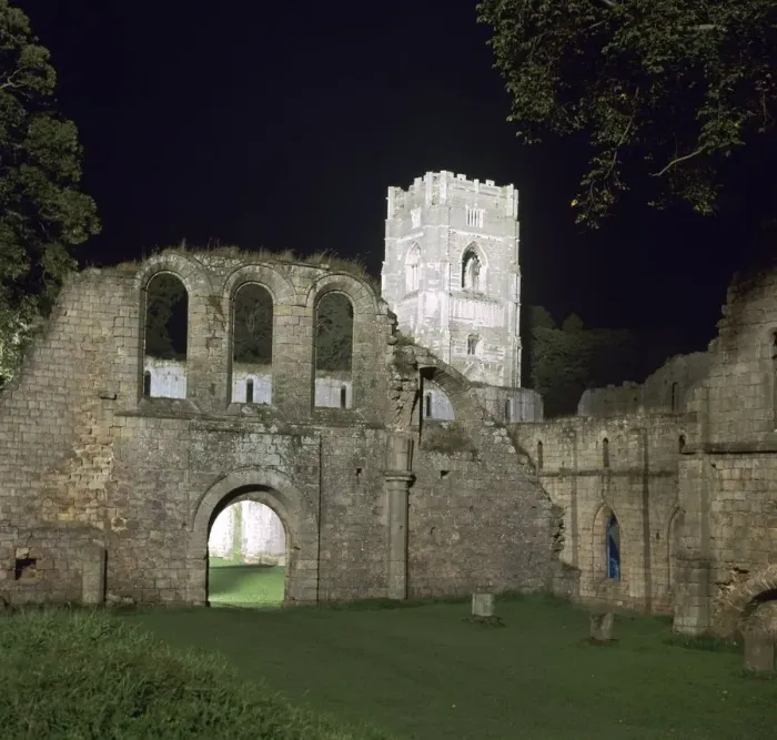 Framed Print : Fountains Abbey, illuminated, 12th century Framed Print : Fountains Abbey, illuminated, 12th century