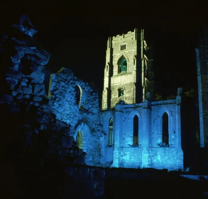 Framed Print : Fountains Abbey, illuminated, 12th century Framed Print : Fountains Abbey, illuminated, 12th century