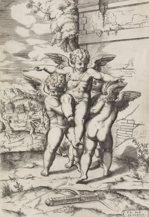 Framed Print : [Four Cupids; Apollo and Daphne in the Background], 16th-early 17th cen... 16th-early 17th century. Creator: Anon