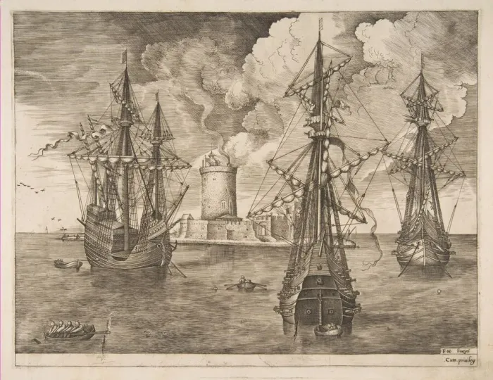 Framed Print : Four-Master (Left) and Two Three-Masters Anchored near a Fortified Island with a Lighth Framed Print : Four-Master (Left) and Two Three-Masters Anchored near a Fortified Island with a Lighth