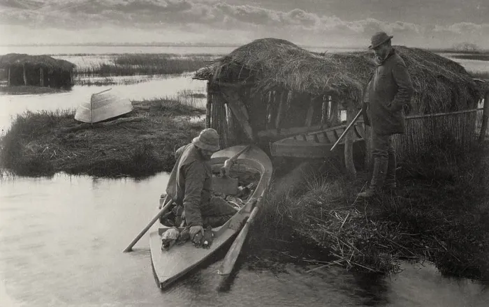 Framed Print : The Fowler's Return, 1886. Creator: Peter Henry Emerson Framed Print : The Fowler's Return, 1886. Creator: Peter Henry Emerson
