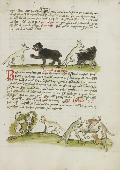 Framed Print : A Fox and a Bear: A Fox Attacking a Bear: A Lion in its Den and... third quarter of 15th century. Creator: Unknown Framed Print : A Fox and a Bear: A Fox Attacking a Bear: A Lion in its Den and... third quarter of 15th century. Creator: Unknown
