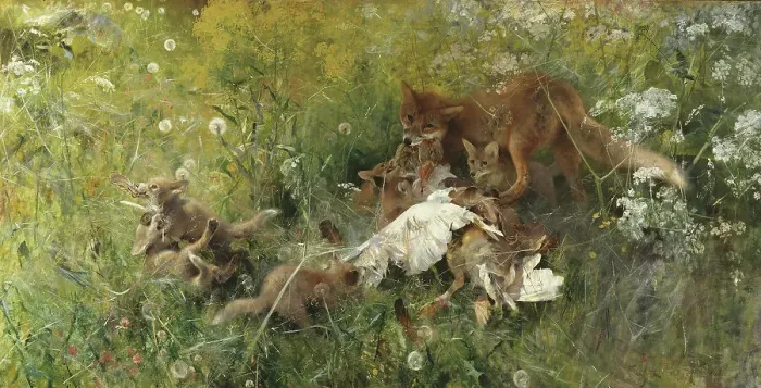 Framed Print : A Fox Family, 1886. Creator: Bruno Liljefors