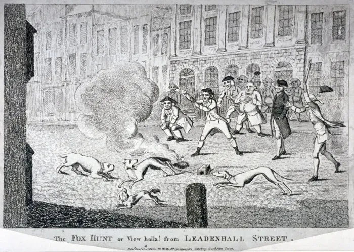 Framed Print : The fox hunt or view holla! from Leadenhall Street, 1784 Framed Print : The fox hunt or view holla! from Leadenhall Street, 1784