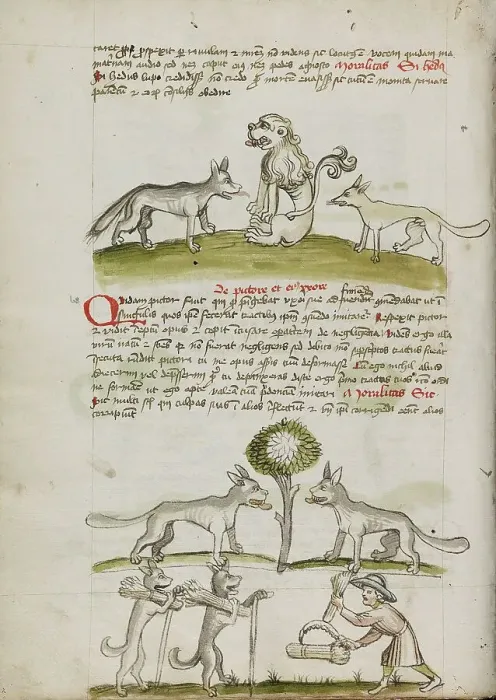 Framed Print : Fox and Wolf before a Lion: Two Wolves under a Tree Dragging Bales... third quarter of 15th cent. Creator: Unknown Framed Print : Fox and Wolf before a Lion: Two Wolves under a Tree Dragging Bales... third quarter of 15th cent. Creator: Unknown