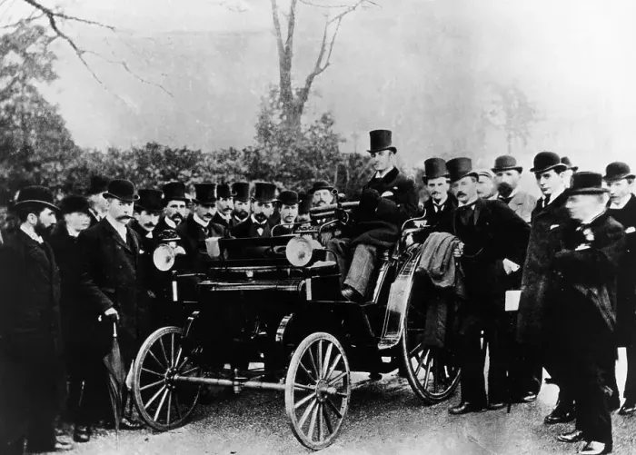 Framed Print : FR Simms at the wheel of a 4hp Cannstatt-Daimler, Crystal Palace, London, (c1895?) Framed Print : FR Simms at the wheel of a 4hp Cannstatt-Daimler, Crystal Palace, London, (c1895?)