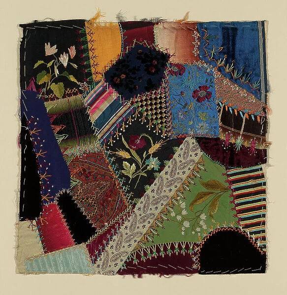 Fragment from Bedcover (Crazy Quilt Block), United States, c. 1884. Creator: Unknown