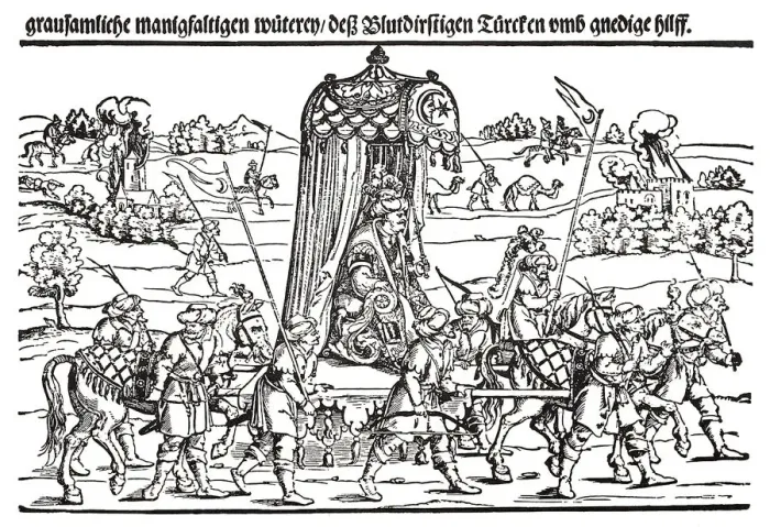 Framed Print : Fragment of a broadside on the Turkish invasion of Hungary. Artist: Schoen, Erhard (1491-1592)