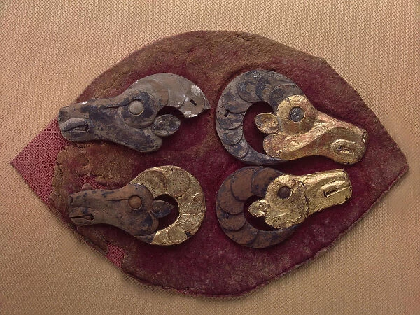 Fragment of a Felt Covering for a Saddle, with Mouflons Heads, 6th century BC. Artist: Ancient Altaian, Pazyryk Burial Mounds