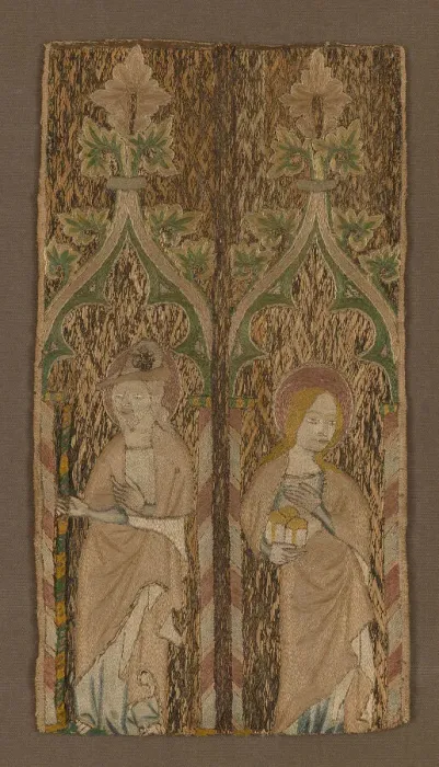 Framed Print : Fragment from an Orphrey Band Showing St. Barbara and St. James, England, 1350 / 1400 Framed Print : Fragment from an Orphrey Band Showing St. Barbara and St. James, England, 1350 / 1400