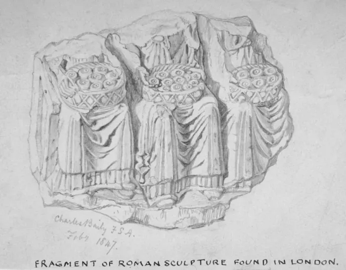 Framed Print : Fragment of Roman sculpture found in Hart Street, Crutched Friars, City of London, 1847 Framed Print : Fragment of Roman sculpture found in Hart Street, Crutched Friars, City of London, 1847