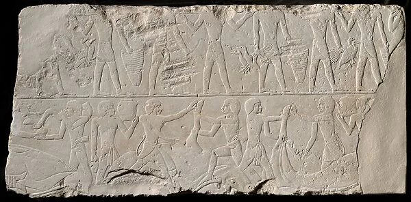 Fragment of a Tomb Wall Depicting Offering Bearers and Butchers, Egypt, Old Kingdom