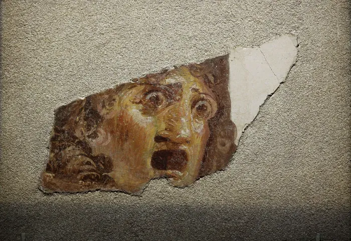 Framed Print : Fragment with tragic theatrical mask, 1st century. Creator: Roman-Pompeian wall painting Framed Print : Fragment with tragic theatrical mask, 1st century. Creator: Roman-Pompeian wall painting