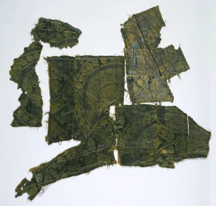 Framed Print : Fragments of a Caftan Covered with a Silk Fabric with a Senmurv Pattern. (Moshchevaya Balka Burial M Artist: Medieval Culture of the North Caucasian Silk Road Framed Print : Fragments of a Caftan Covered with a Silk Fabric with a Senmurv Pattern. (Moshchevaya Balka Burial M Artist: Medieval Culture of the North Caucasian Silk Road
