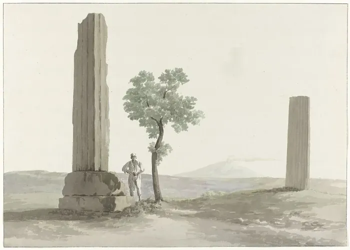 Framed Print : Two fragments of columns of the Temple of Olympian Zeus half a mile from the river... 1778. Creator: Louis Ducros Framed Print : Two fragments of columns of the Temple of Olympian Zeus half a mile from the river... 1778. Creator: Louis Ducros
