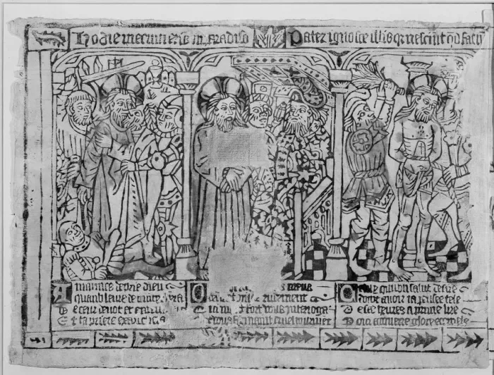 Framed Print : Three Fragments of a Passion Frieze: The Kiss of Judas, Christ before Pilate... probably 1460-69. Creator: Anon Framed Print : Three Fragments of a Passion Frieze: The Kiss of Judas, Christ before Pilate... probably 1460-69. Creator: Anon
