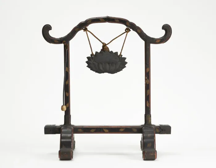 Framed Print : Frame for a gong with a bronze gong suspended by a cord; mallet hanging, Edo period Framed Print : Frame for a gong with a bronze gong suspended by a cord; mallet hanging, Edo period