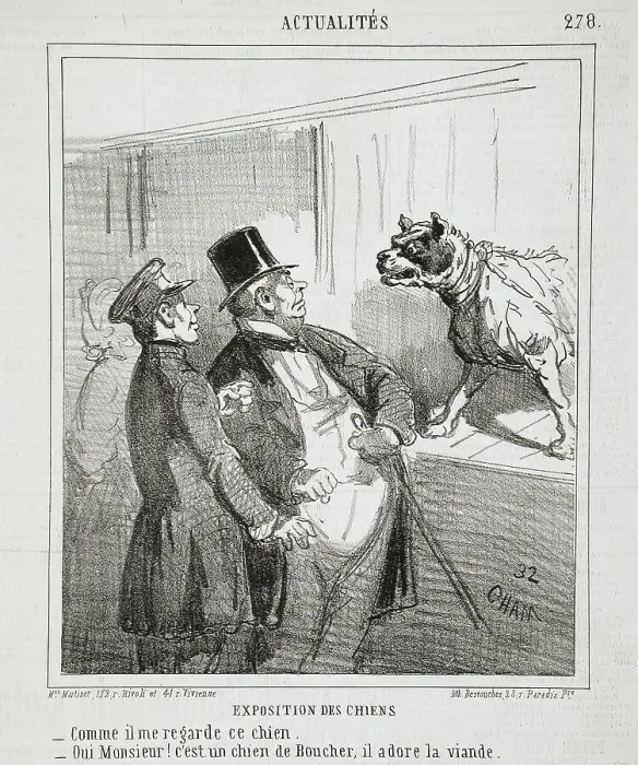 Framed Print : Français : Exposition des chiens: Comme il me regarde ce chien. -Oui Monsieur! c'est un... 1865. Creator: Cham Framed Print : Français : Exposition des chiens: Comme il me regarde ce chien. -Oui Monsieur! c'est un... 1865. Creator: Cham