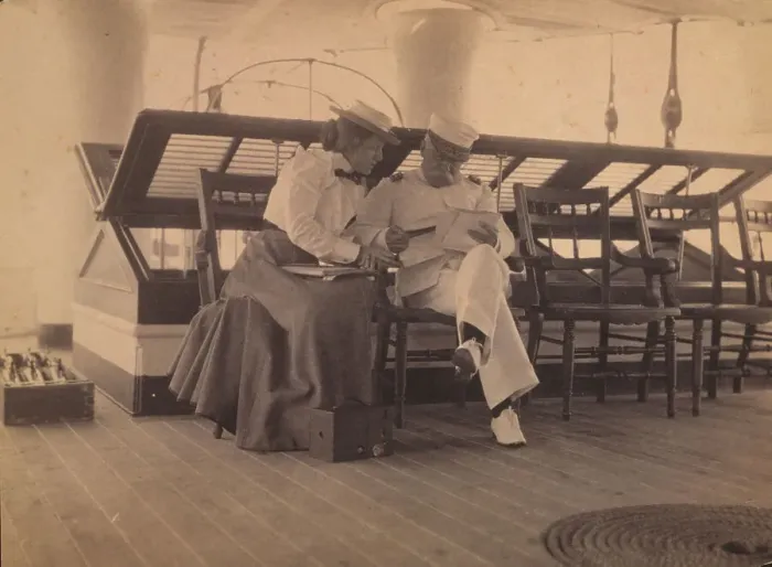 Framed Print : Frances B. Johnston and Admiral Dewey on the deck of the U.S.S. Olympia, 1899. Creator: Unknown Framed Print : Frances B. Johnston and Admiral Dewey on the deck of the U.S.S. Olympia, 1899. Creator: Unknown
