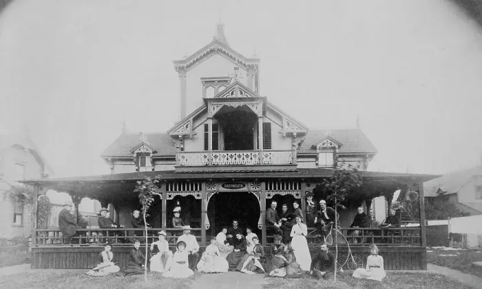 Framed Print : Frances Benjamin Johnston and family on porch and in front of house, between 1890 and 1910. Creator: Unknown Framed Print : Frances Benjamin Johnston and family on porch and in front of house, between 1890 and 1910. Creator: Unknown