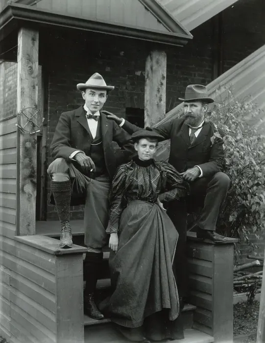 Framed Print : Frances Benjamin Johnston (front), with Mills Thompson (left) and Frank Phister...c1885 - 1900. Creator: Frances Benjamin Johnston Framed Print : Frances Benjamin Johnston (front), with Mills Thompson (left) and Frank Phister...c1885 - 1900. Creator: Frances Benjamin Johnston