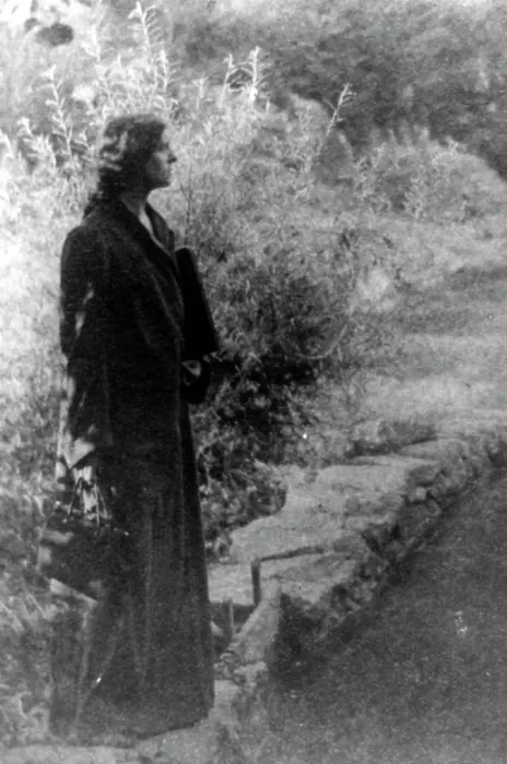 Framed Print : Frances Benjamin Johnston, full-length portrait, standing in garden, right profile, c1880 - 1950. Creator: Gertrude Kasebier Framed Print : Frances Benjamin Johnston, full-length portrait, standing in garden, right profile, c1880 - 1950. Creator: Gertrude Kasebier