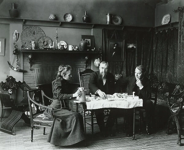 Frances Benjamin Johnston having tea with Elbert Hubbard (far right)...Washington, D.C. c1900. Creator: Frances Benjamin Johnston