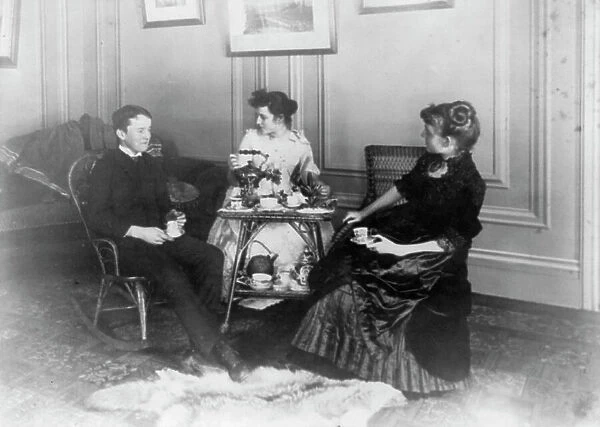 Frances Benjamin Johnston, full lgth. seated, having tea with 2 other people, n.d.. Creator: Frances Benjamin Johnston