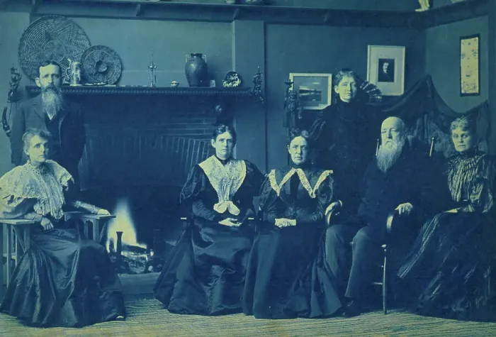 Framed Print : Frances Benjamin Johnston posed with six members of her family, by fireplace, in her Wash... 1896. Creator: Frances Benjamin Johnston Framed Print : Frances Benjamin Johnston posed with six members of her family, by fireplace, in her Wash... 1896. Creator: Frances Benjamin Johnston