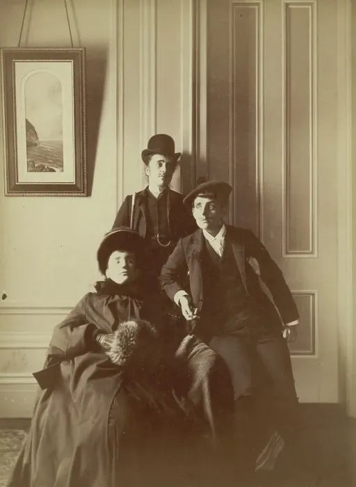 Framed Print : Frances Benjamin Johnston (right), full-length self-portrait dressed as a man with... c1880 - 1900. Creator: Frances Benjamin Johnston Framed Print : Frances Benjamin Johnston (right), full-length self-portrait dressed as a man with... c1880 - 1900. Creator: Frances Benjamin Johnston