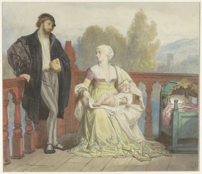 Framed Print : Francesca di Rimini and Paolo di polenta with child on a balcony, 1829-1888. Creator: Edouard Jean Conrad Hamman Framed Print : Francesca di Rimini and Paolo di polenta with child on a balcony, 1829-1888. Creator: Edouard Jean Conrad Hamman
