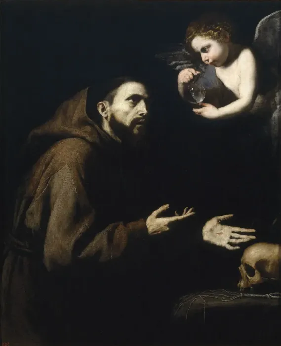 Framed Print : Francis of Assisi and the angel with the water bottle, 1636-1637. Artist: Ribera, Jose, de (1591-1652) Framed Print : Francis of Assisi and the angel with the water bottle, 1636-1637. Artist: Ribera, Jose, de (1591-1652)