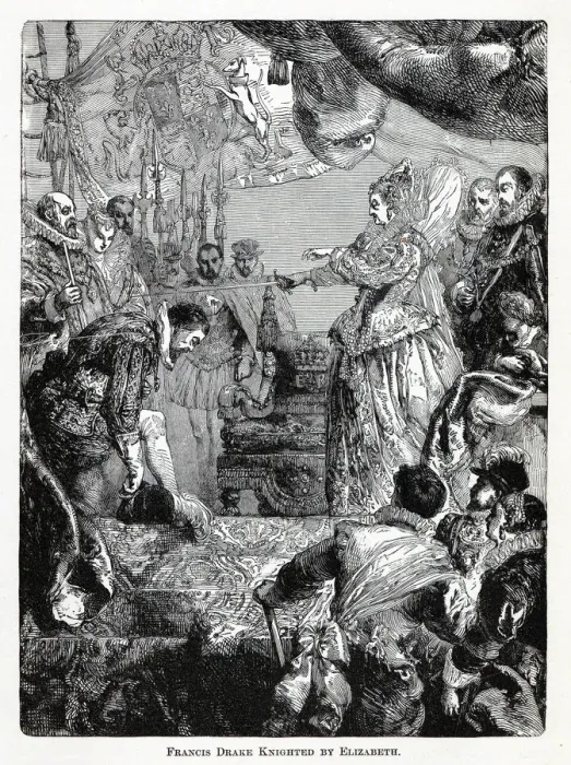 Framed Print : Francis Drake Knighted by Elizabeth, 1882. Artist: Anonymous Framed Print : Francis Drake Knighted by Elizabeth, 1882. Artist: Anonymous