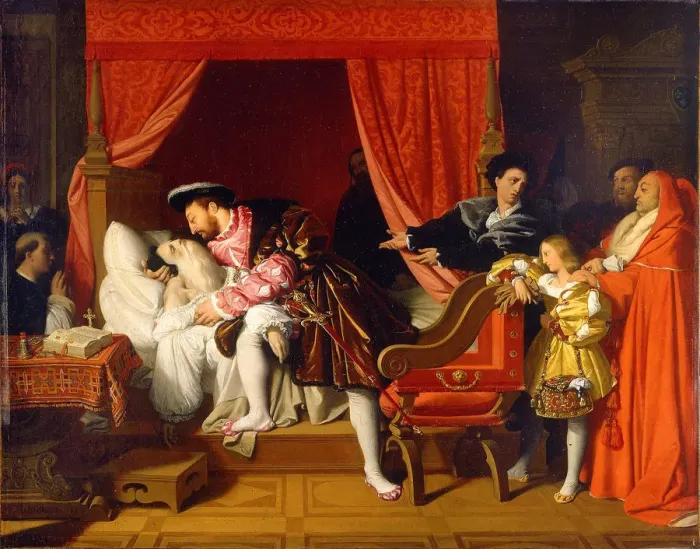 Framed Print : Francis I Receives the Last Breaths of Leonardo da Vinci. Artist: Ingres, Jean Auguste Dominique (1780-1867) Framed Print : Francis I Receives the Last Breaths of Leonardo da Vinci. Artist: Ingres, Jean Auguste Dominique (1780-1867)