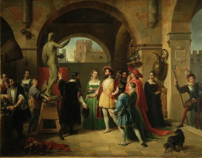 Framed Print : Francis I in the Studio of Benvenuto Cellini, 1837. Artist: Podesti, Francesco (1800-1895) Framed Print : Francis I in the Studio of Benvenuto Cellini, 1837. Artist: Podesti, Francesco (1800-1895)