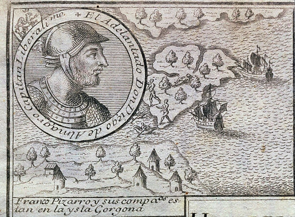 Francisco Pizarro and his companions are on the Gorgona island, engraving from 1726
