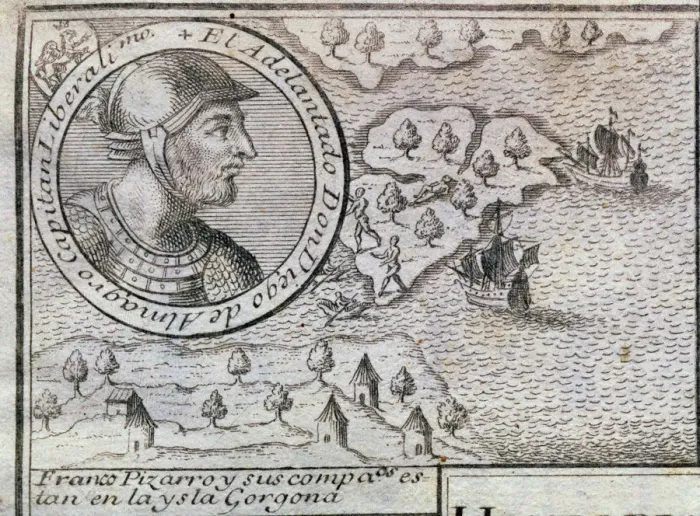 Framed Print : Francisco Pizarro and his companions are on the Gorgona island, engraving from 1726 Framed Print : Francisco Pizarro and his companions are on the Gorgona island, engraving from 1726